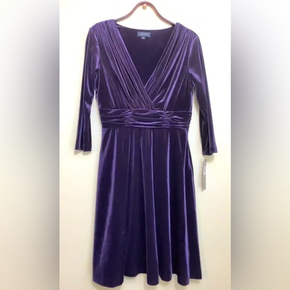 NWT Tahari ASL Purple Plum Vince Velvet V Surplice Neck Gathered Waist Dress 6